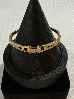 Belt Buckle Clear Micro Rhinestone Gold Tone Hinged Bangle